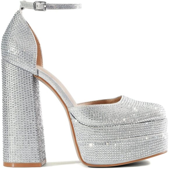 Dream Pairs Women Silver-rhinestone Faux Leather Closed Toe Chunky High Platform - Picture 2 of 6